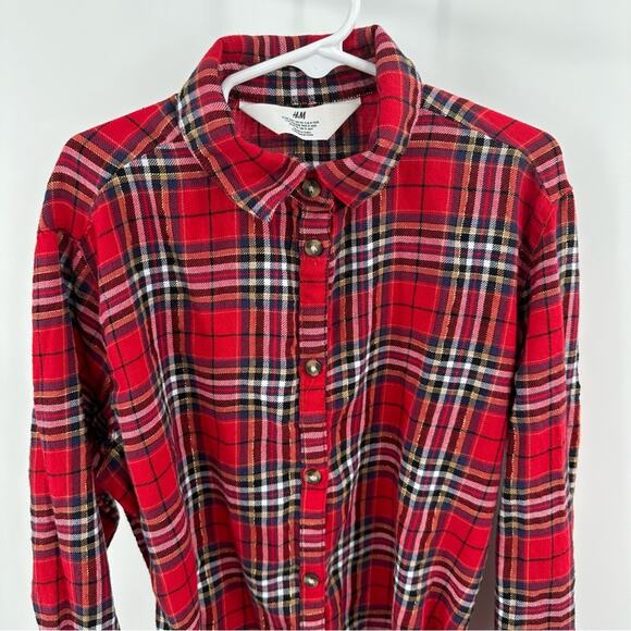 H&M girl’s belted red checkered plaid button down shirt dress Size US 10 - Picture 2 of 8